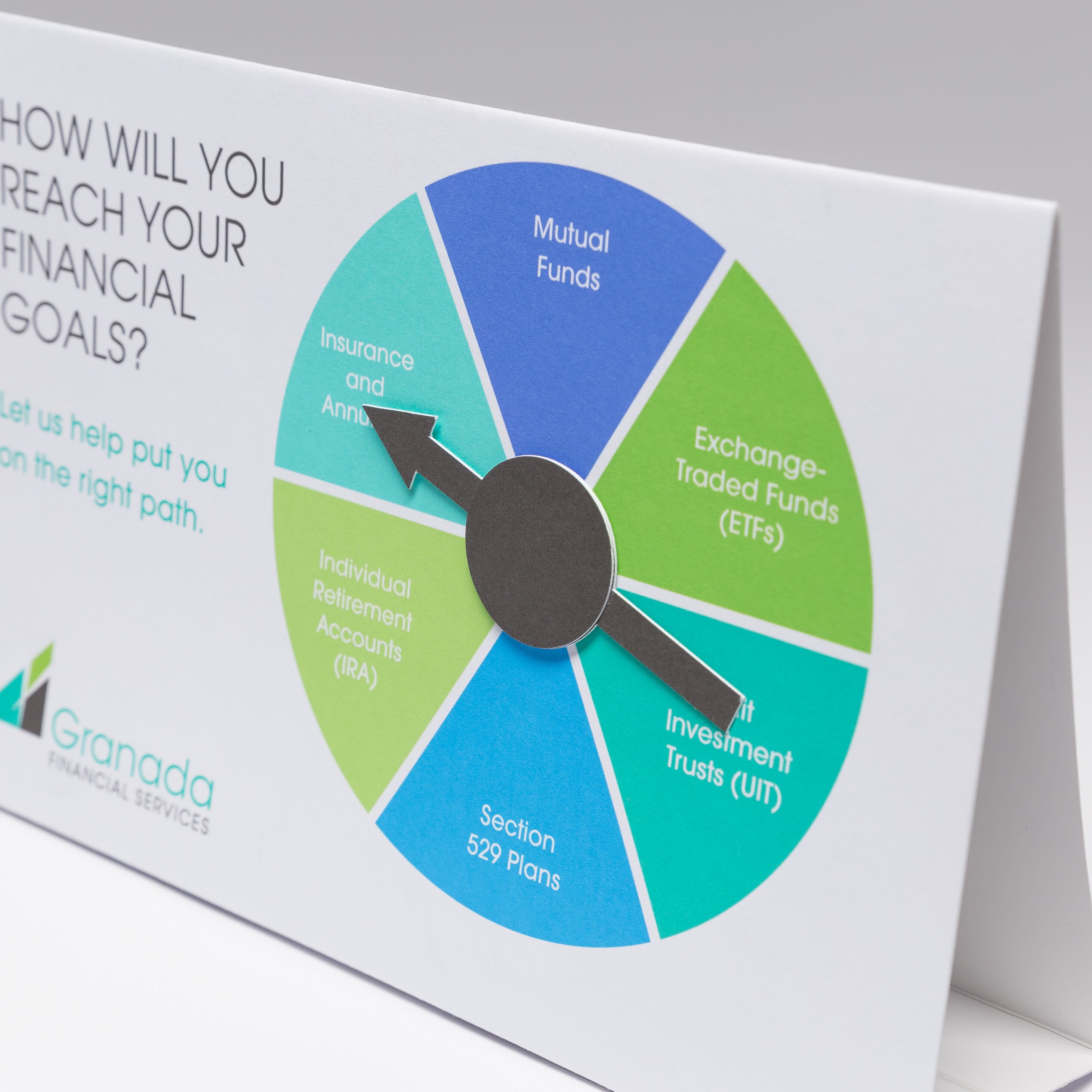 Red Paper Plane's Table Tent Spinner is not only a desktop reminder your prospects will want to hold onto, it also allows prospects to interact with your message by spinning the wheel on the front cover. 