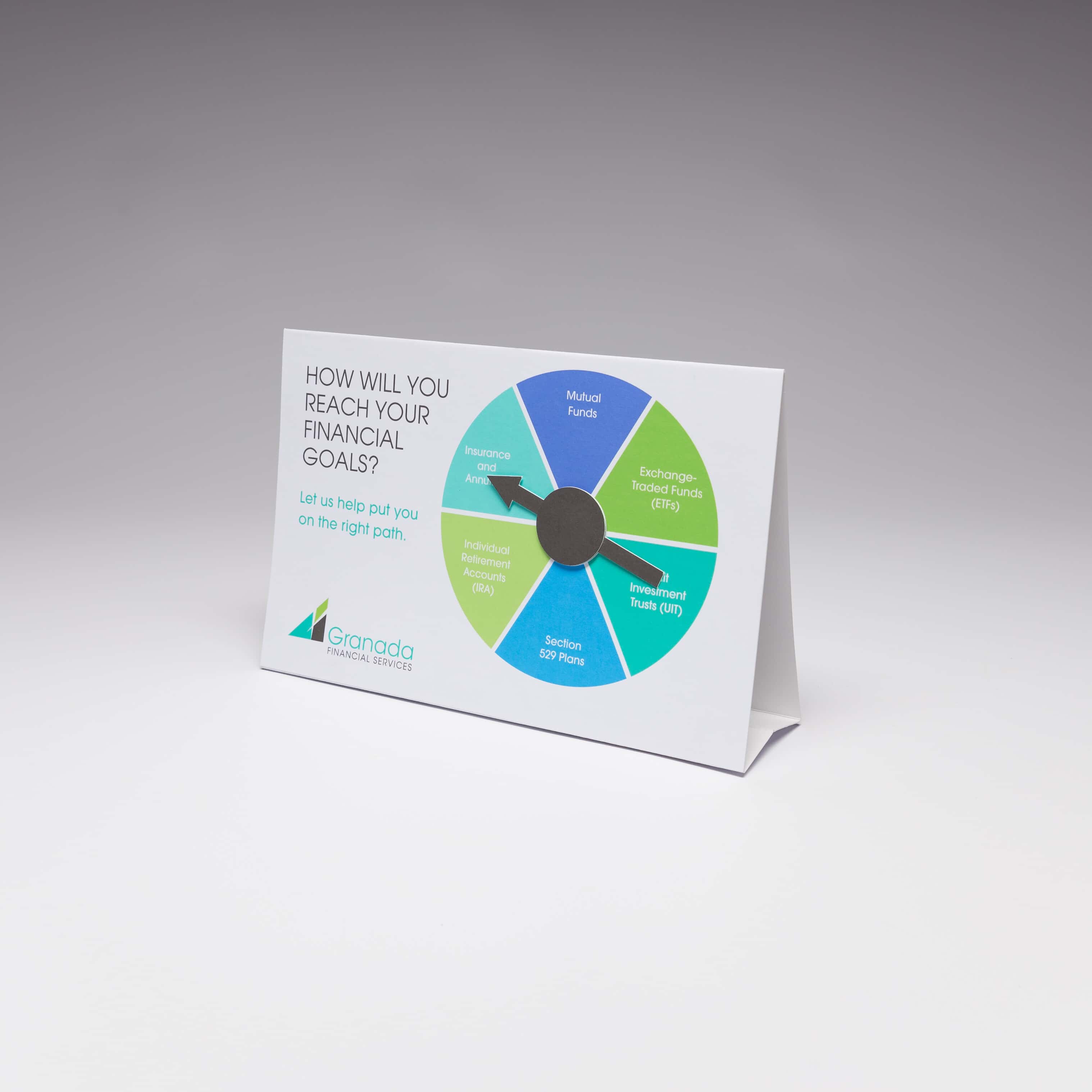 Red Paper Plane's Table Tent Spinner is not only a desktop reminder your prospects will want to hold onto, it also allows prospects to interact with your message by spinning the wheel on the front cover. 