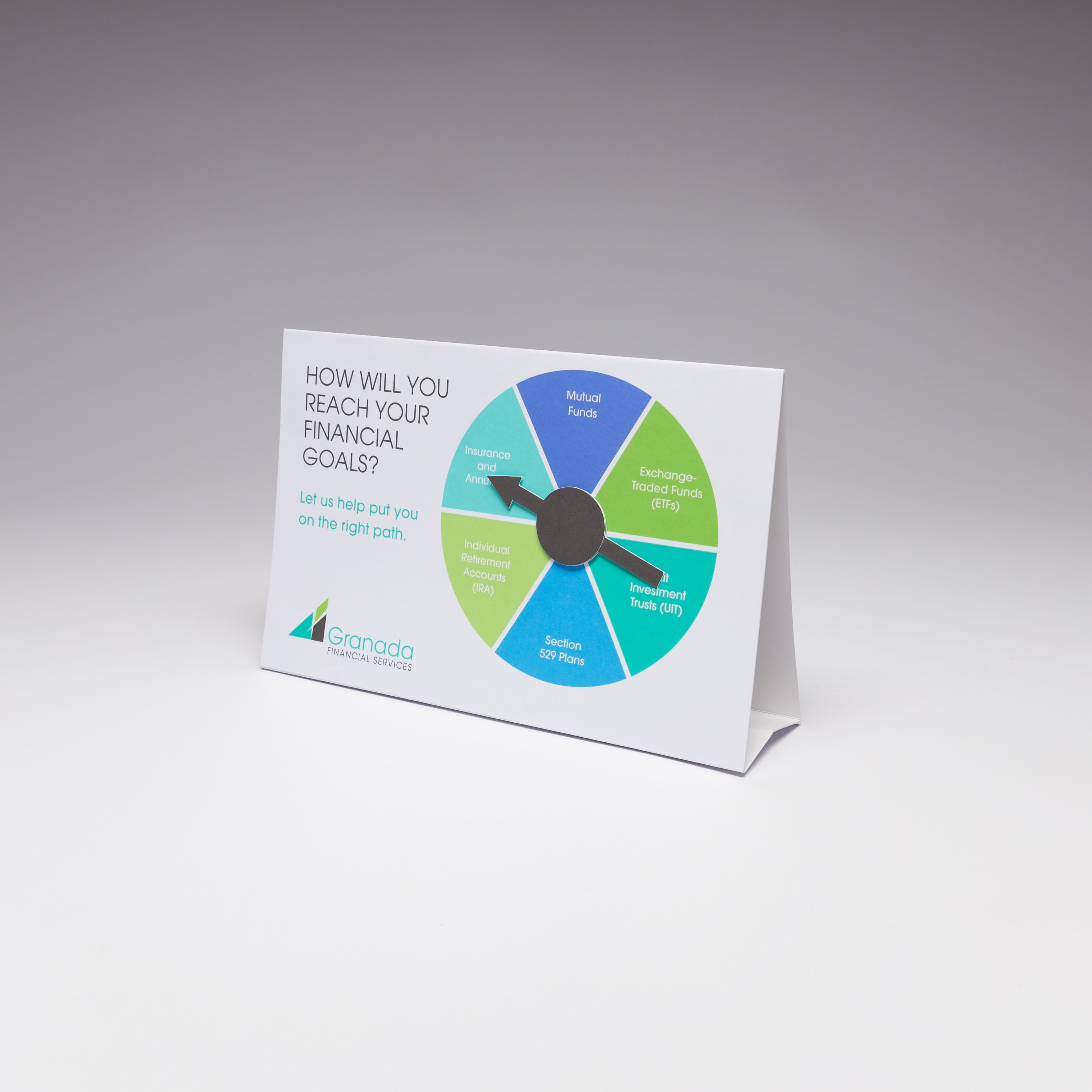 Red Paper Plane's Table Tent Spinner is not only a desktop reminder your prospects will want to hold onto, it also allows prospects to interact with your message by spinning the wheel on the front cover. 
