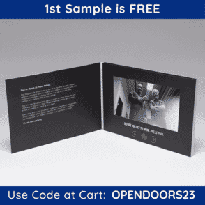 Red Paper Plane's 7" HD Video Brochure - Quick Turn contains a play/pause button, as well as volume controls.