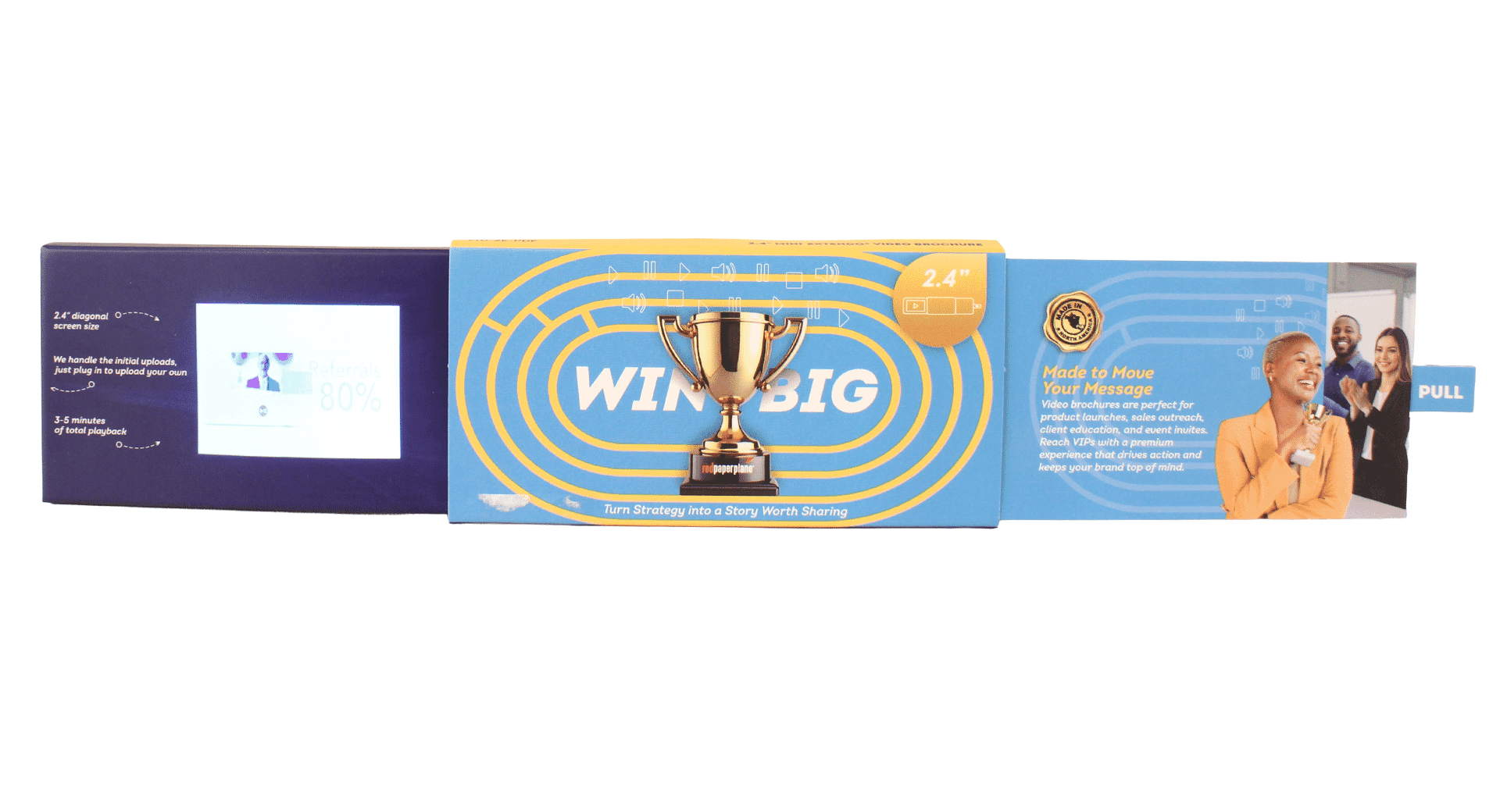 Send a marketing message that's small, but mighty with Red Paper Plane's 2.4" Mini  Extendo video brochure. Pulling the tab reveals an additional panel that contains a 2.4" video screen, customizable with your marketing message.