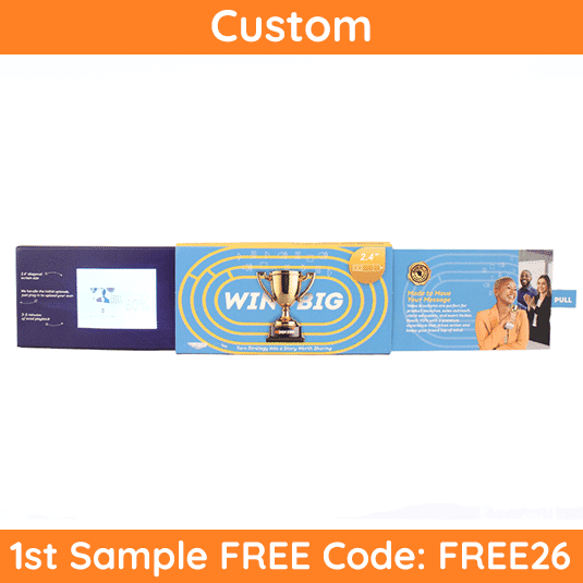 Send a marketing message that's small, but mighty with Red Paper Plane's 2.4" Video Extendo Business Card. Pulling the tab reveals an additional panel that contains a 2.4" video screen, customizable with your marketing message.