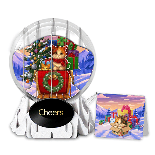 Kitty Claus Sleigh Ride 3" Globe Greeting Card