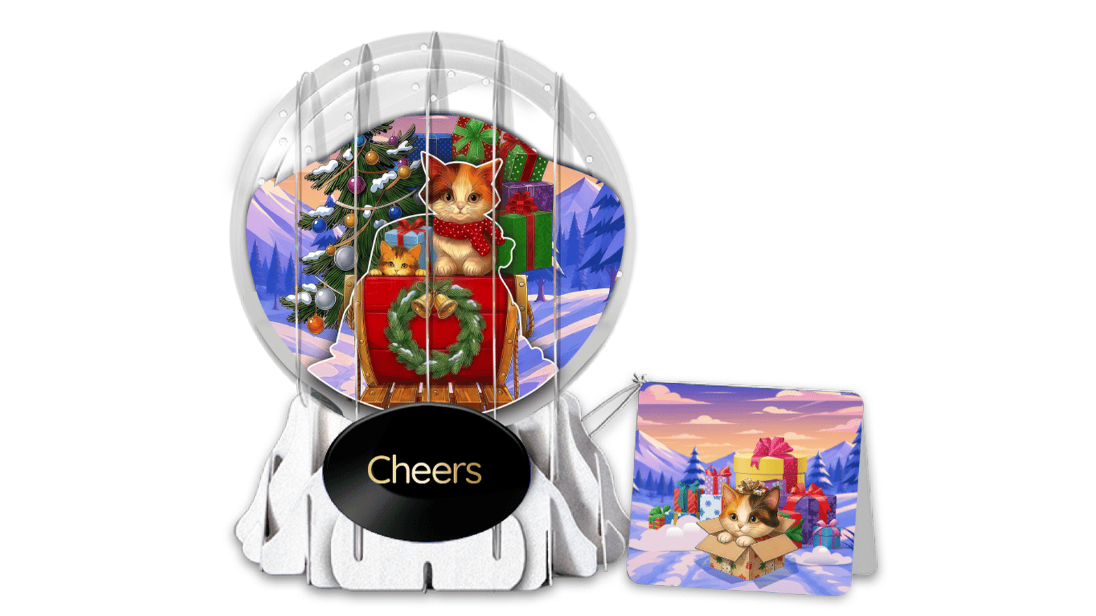 Kitty Claus Sleigh Ride 3" Globe Greeting Card
