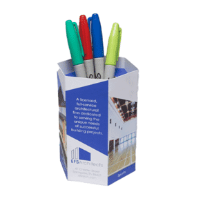 Red Paper Plane's Hexagon Pen Pot acts as a functional container that prospects will keep on their desks, as a great reminder of your brand.