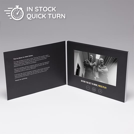 Red Paper Plane's 7" HD Video Brochure - Quick Turn contains a play/pause button, as well as volume controls.