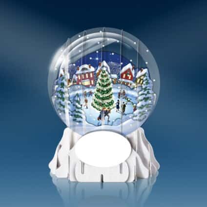 Individuals Skating Around Christmas Tree Inside Business Holiday Greeting Card Globe