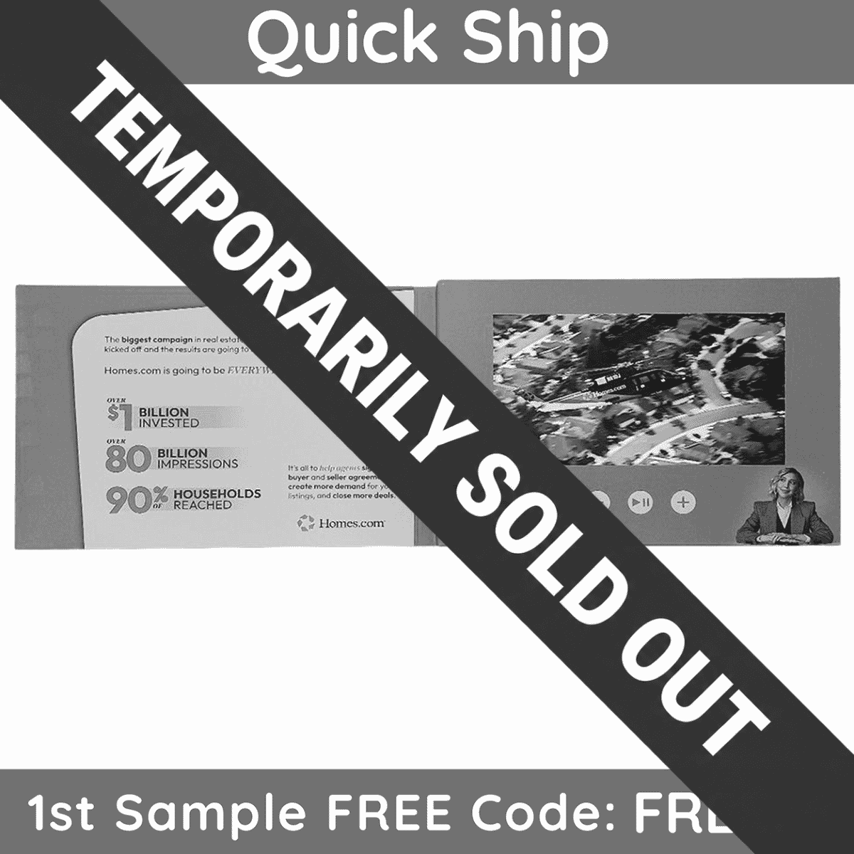 Red Paper Plane's 7" HD Video Brochure - Quick Turn contains a play/pause button, as well as volume controls.