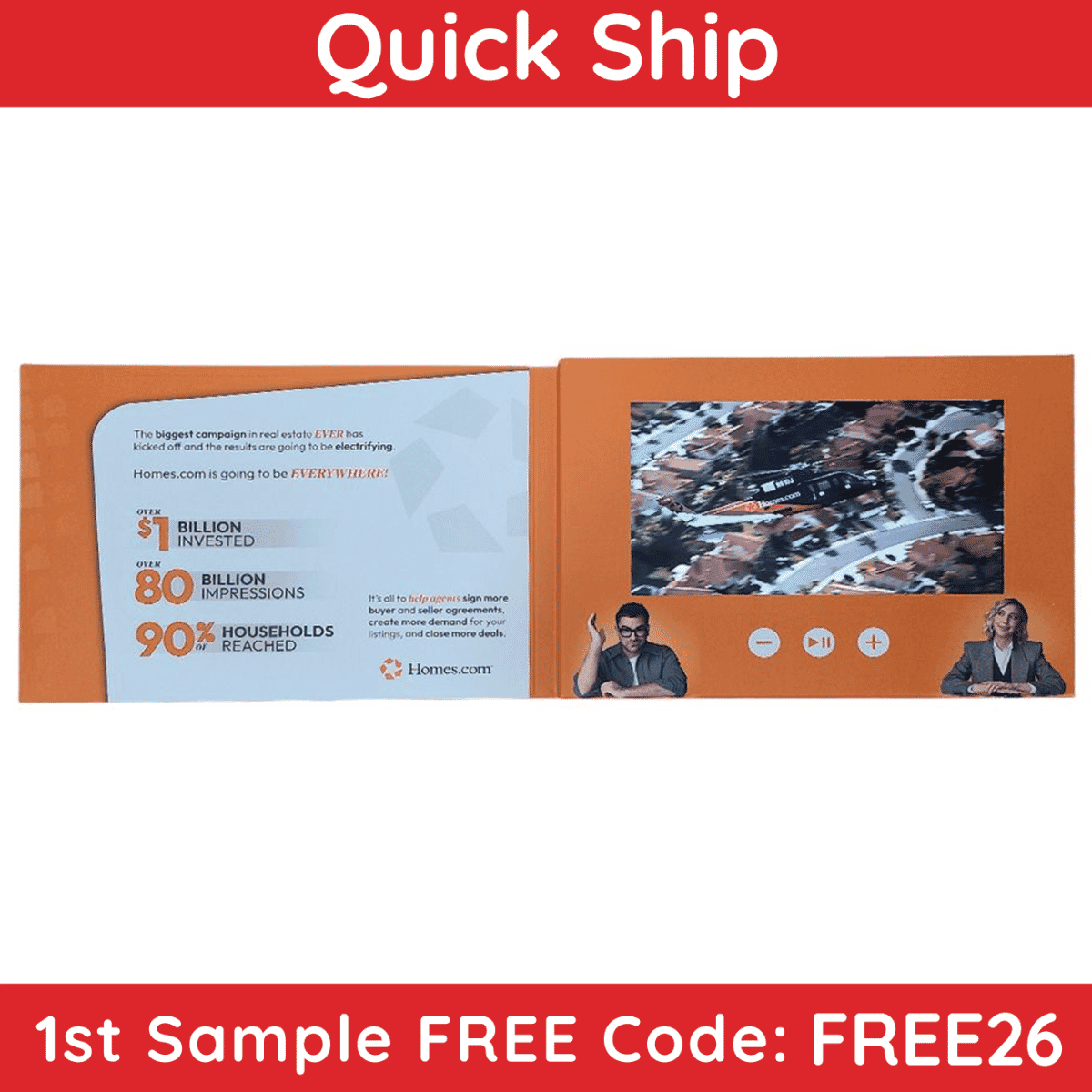 Red Paper Plane's 7" HD Video Brochure - Quick Turn contains a play/pause button, as well as volume controls.